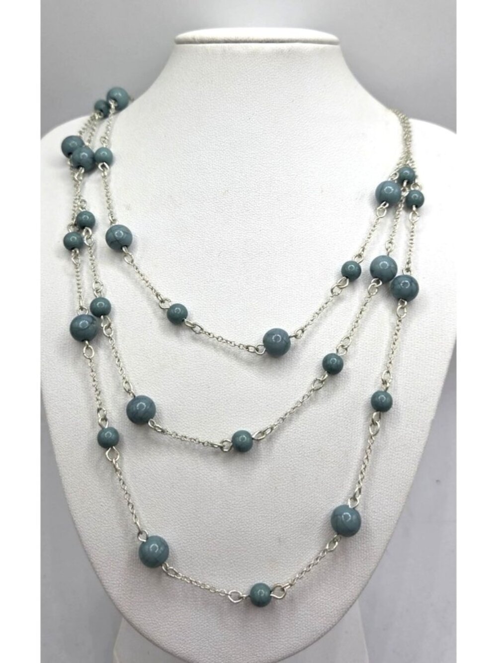 Layered Silver-Tone Necklace With Blue Beads & Lobster Clasp